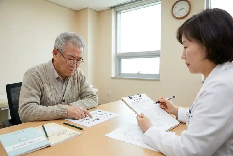 치매 진단을 위한 인지 기능 검사를 받는 고령자