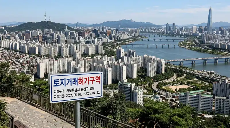 서울 아파트 단지 전경과 토지거래허가구역 표시판