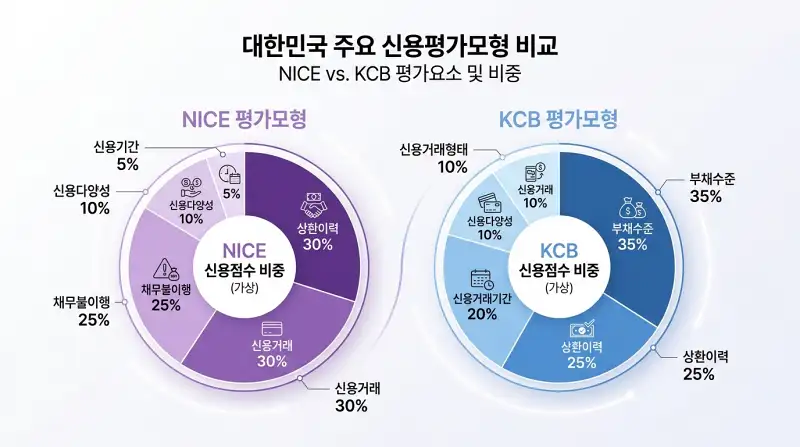 NICE vs KCB 신용평가 요소 파이차트 비교