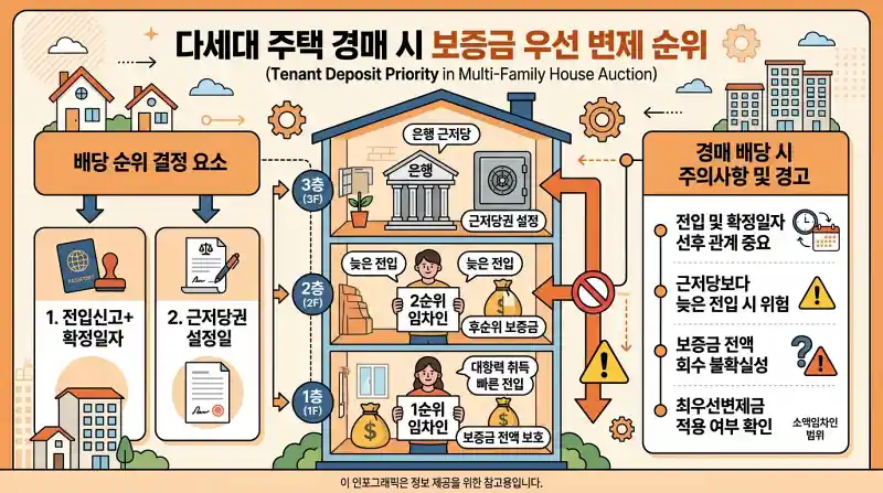 경매 상황에서 임차인 보증금 보호 순위를 설명하는 교육용 인포그래픽이에요.