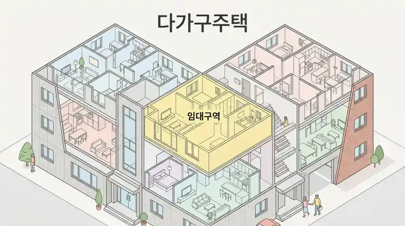 '다가구주택' 단면도에서 '임대구역'이 강조된 아이소메트릭 건축 다이어그램