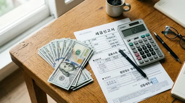 달러 투자 세금 관련 서류와 계산기