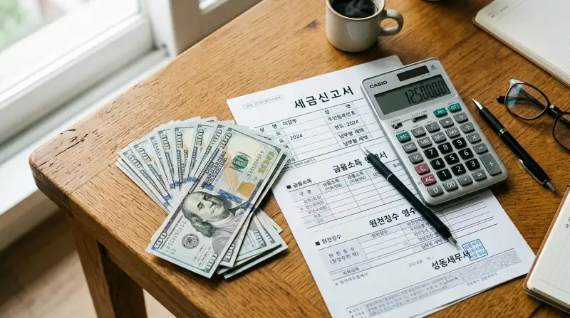 달러 투자 세금 관련 서류와 계산기