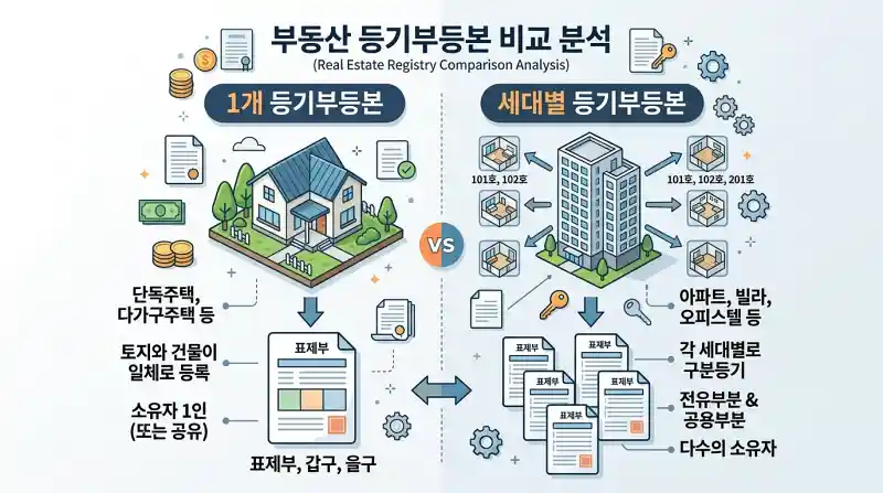 등기부등본의 차이를 비교한 다이어그램입니다