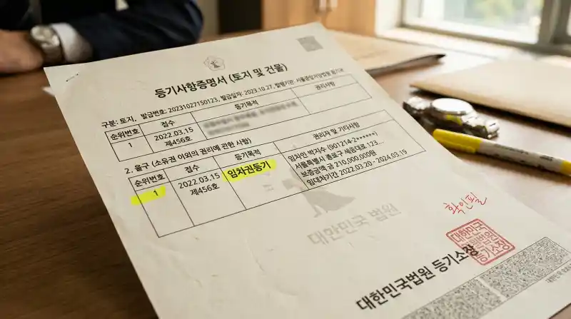 '등기사항증명서'의 '임차권등기' 섹션이 형광펜으로 표시된 실사 문서 사진