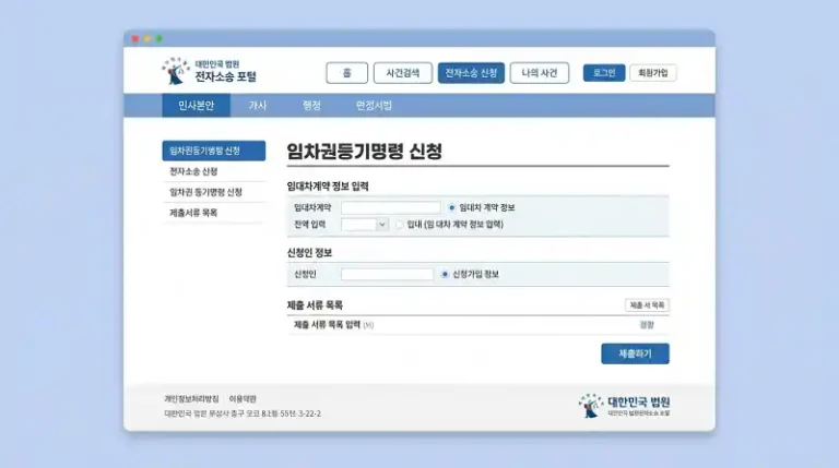 전자소송 포털의 '임차권등기명령 신청' 메뉴 화면 UI 목업