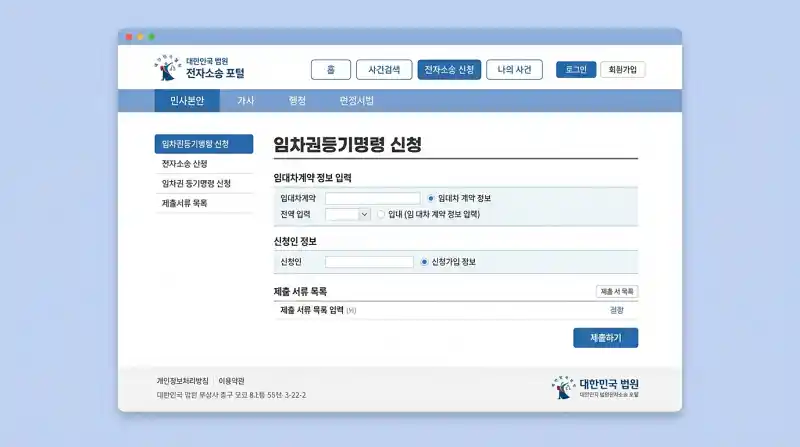 전자소송 포털의 '임차권등기명령 신청' 메뉴 화면 UI 목업