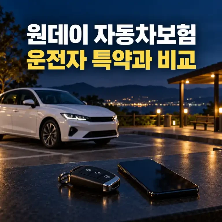 원데이 자동차보험과 운전자 특약 비교를 표현한 주차된 자동차와 차키, 스마트폰