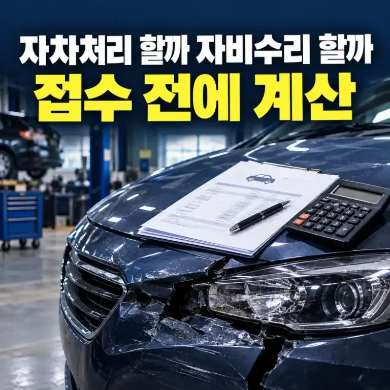 자차처리와 자비수리를 비교하기 위해 정비소에서 수리 견적서와 계산기로 비용을 확인하는 장면