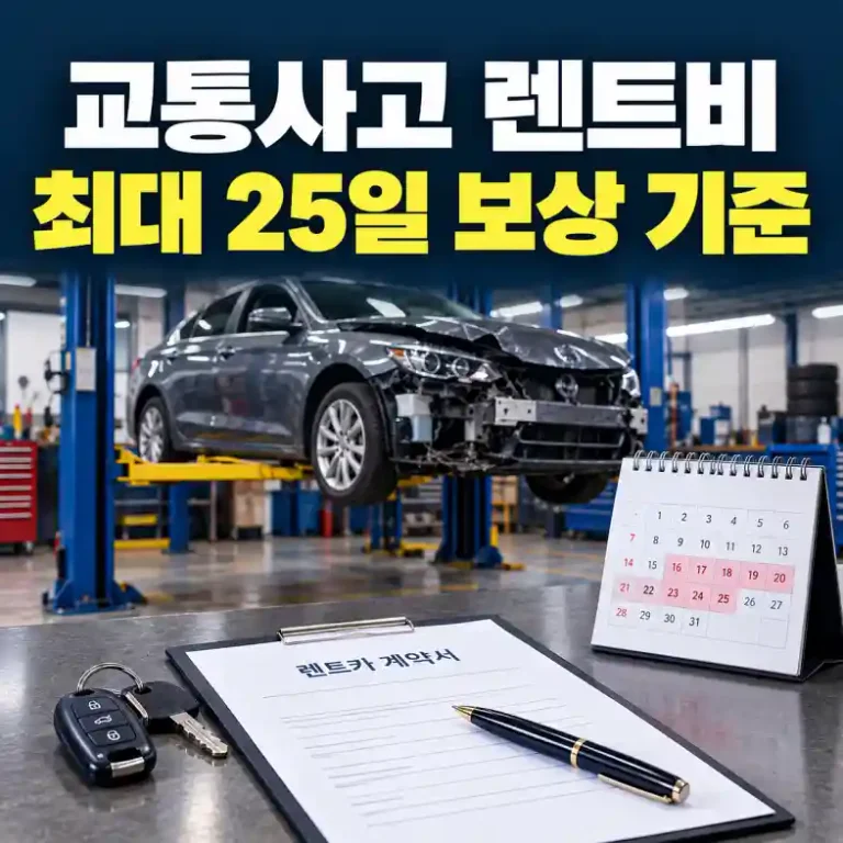 교통사고 렌트비 보상 기준을 확인하며 수리 중인 차량 옆에서 렌터카 계약서와 열쇠를 받는 운전자