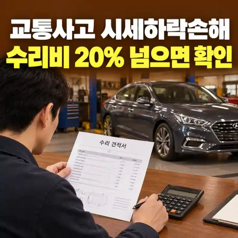 교통사고 시세하락손해 보상 대상인지 확인하려고 수리 견적서와 차량 가격을 계산하는 운전자