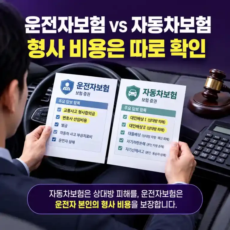 운전자보험 vs 자동차보험 차이를 비교하기 위해 두 보험 증권의 담보 항목을 나란히 확인하는 운전자
