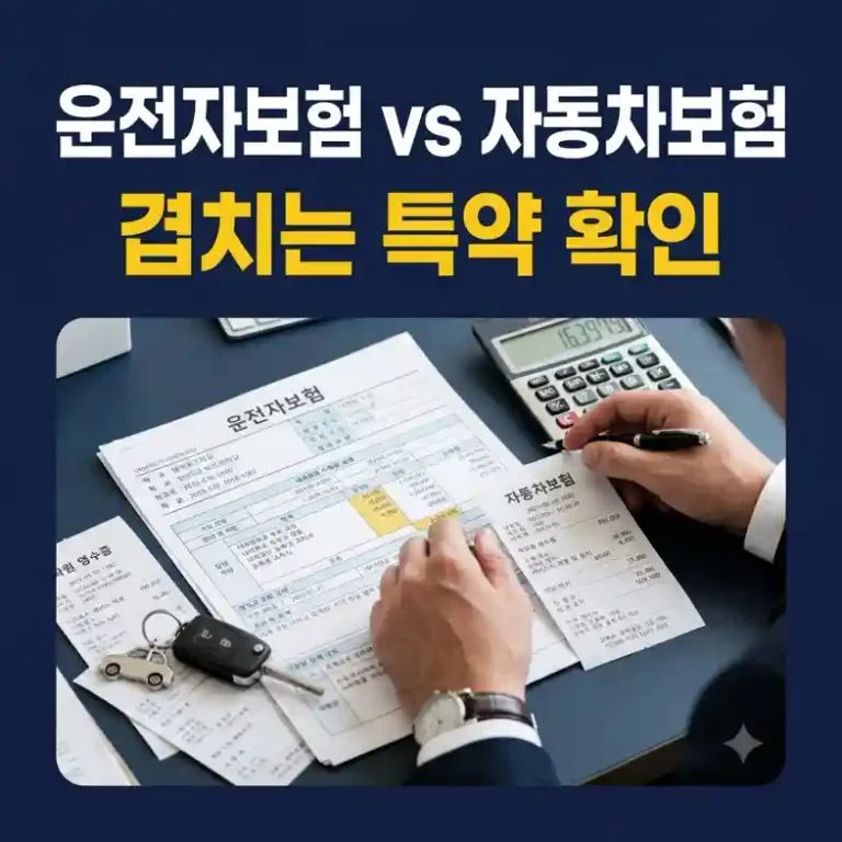 운전자보험 vs 자동차보험 차이를 비교하기 위해 두 보험 증권의 특약을 나란히 확인하는 운전자