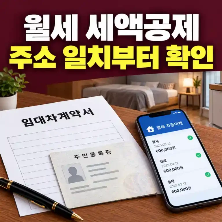 월세 세액공제를 받기 위해 임대차계약서 주소와 주민등록등본 주소, 월세 이체 내역을 비교하는 세입자