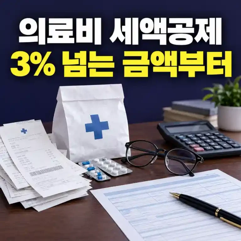 의료비 세액공제를 계산하려고 병원 영수증과 안경 구입 영수증, 계산기를 정리한 모습