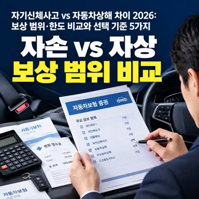 자기신체사고 vs 자동차상해 차이를 비교하기 위해 자동차보험 증권의 담보 항목을 확인하는 운전자